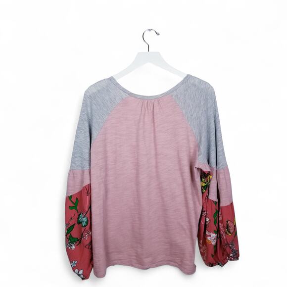 UMGEE Balloon Sleeve Pink Gray Floral Boho Oversized Pullover Top - Size S - Picture 6 of 9